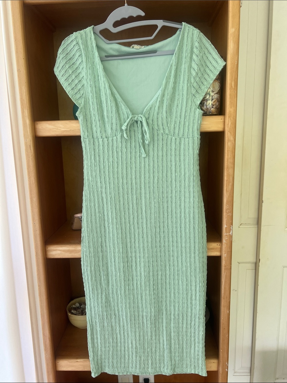 Derek Heart Mint Green Ribbed Midi Dress with Front Tie